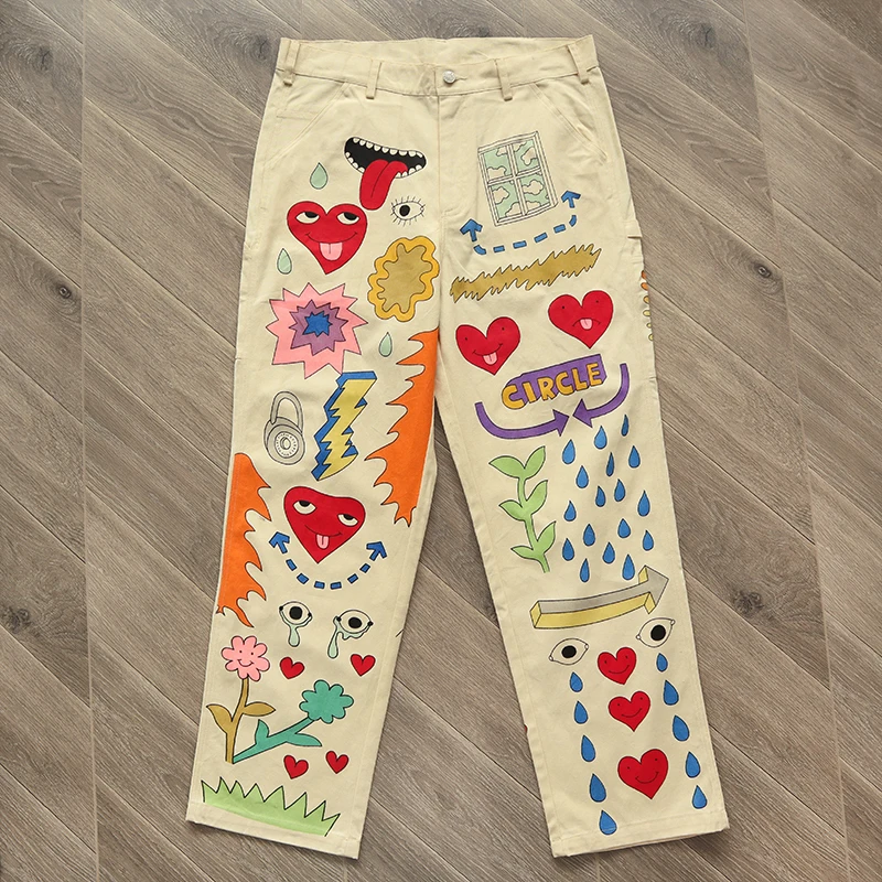 Top Y2k Pants Version High Street Apricot Vintage Hand Drawn Cartoon Pattern Cargo Pants Trousers Casual Pants Cargo Pants Wome