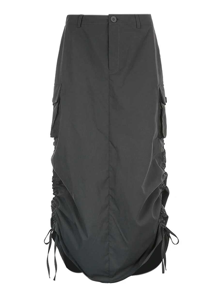 

Women s Ribbed Side Drawstring Ruched Stretchy Midi Pencil Bodycon Long Skirt