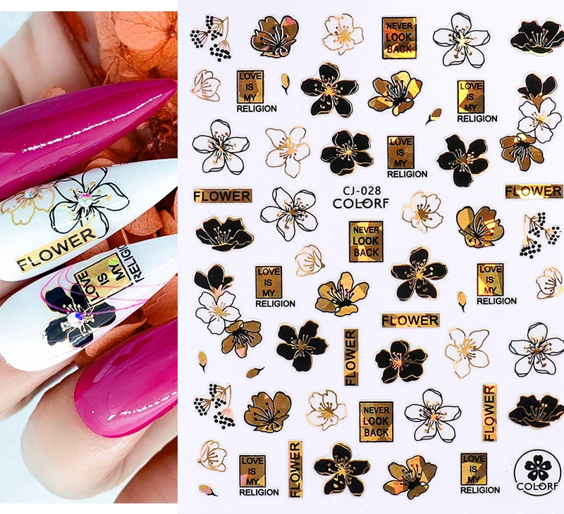 Наклейки для ногтей 3D "Newest Slider Laser Gold Leaves Black Flower Abstract Woman Face Line Art Accessories".