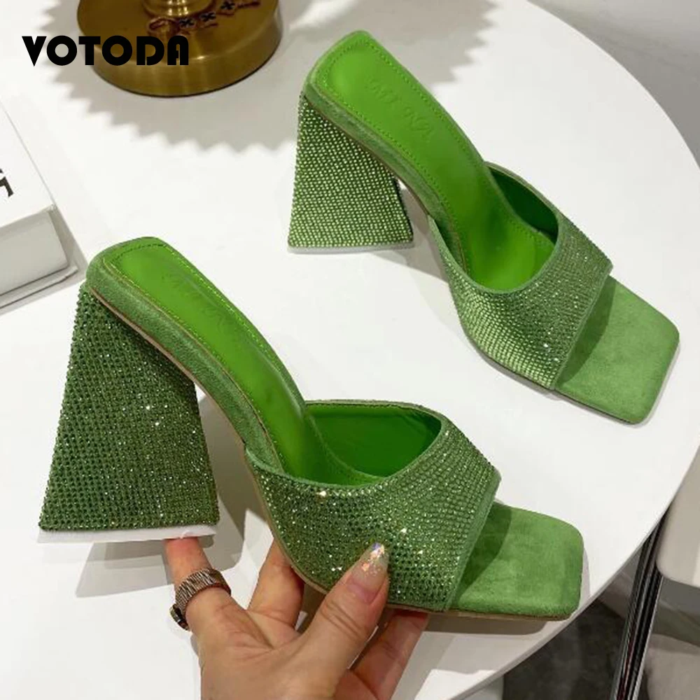 

New Summer Women Rhinestones Pumps Woman Triangle Thick Heel Slipper Ladies Square Toe Crystal High Heels Sexy Dress Party Shoes