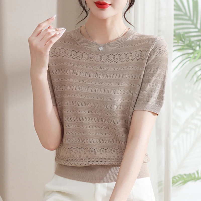 

Женский трикотажный жаккардовый топ с коротким рукавом и круглым вырезом