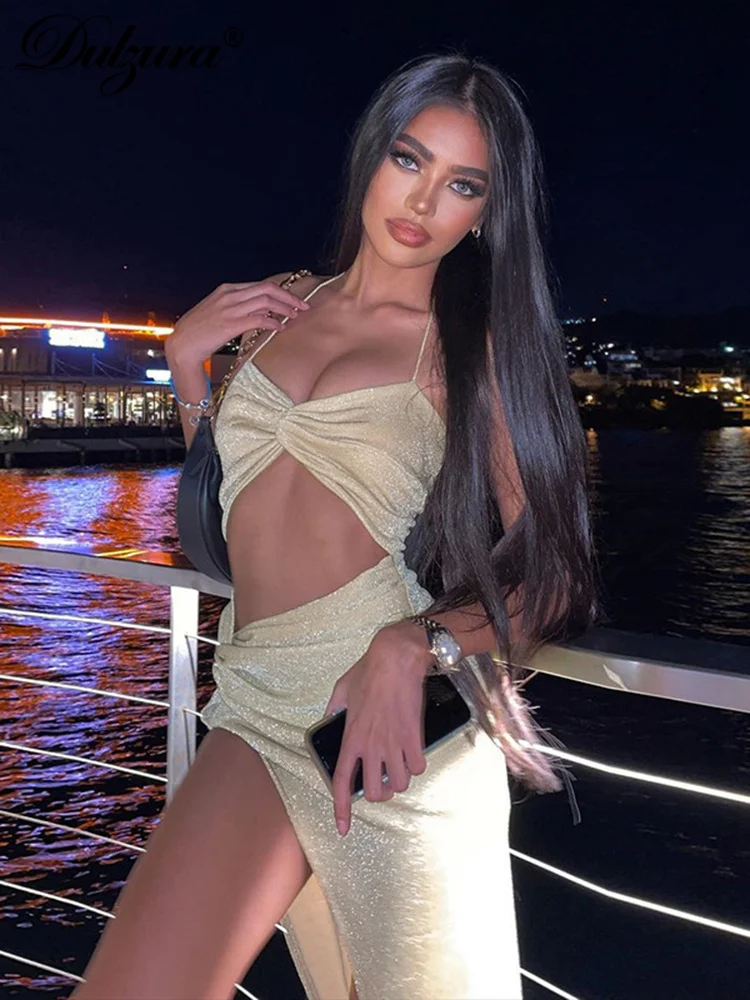 

Dulzura Bling Glitter Lace Up Hollow Out Halter Midi Dress For Women Side Slit Ruched Outfit Party Club Sexy Streetwear Birthday