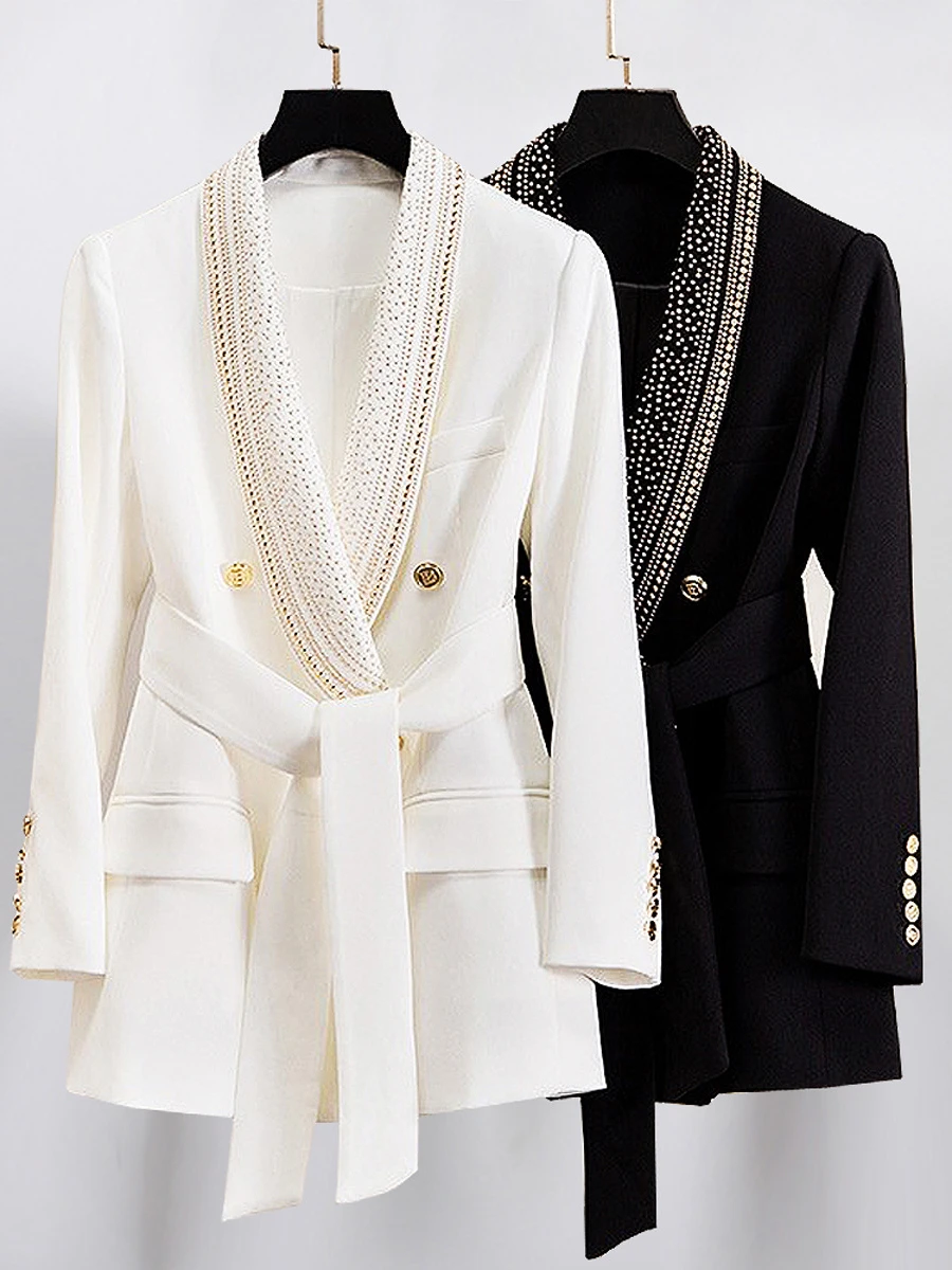 Commute Style Fashion Suit Jacket Female 2023 Spring Autumn New Hot Metal Sheet Series Belt Mid-Length Coats Blazers for Women