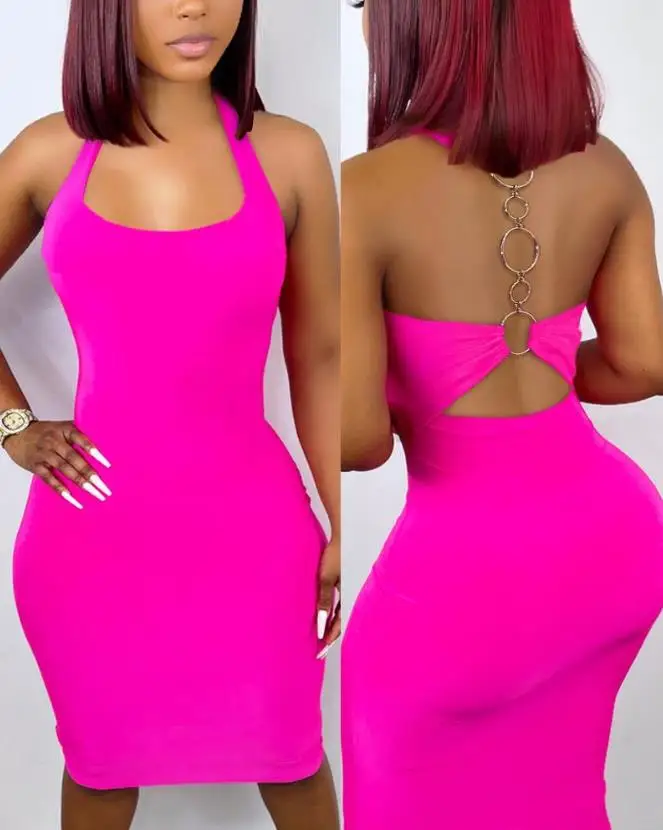 

Sexy Dresses for Women 2023 Summer Fashion O-Ring Bright Backless Halter Sleeveless Bodycon Lady Midi Dress