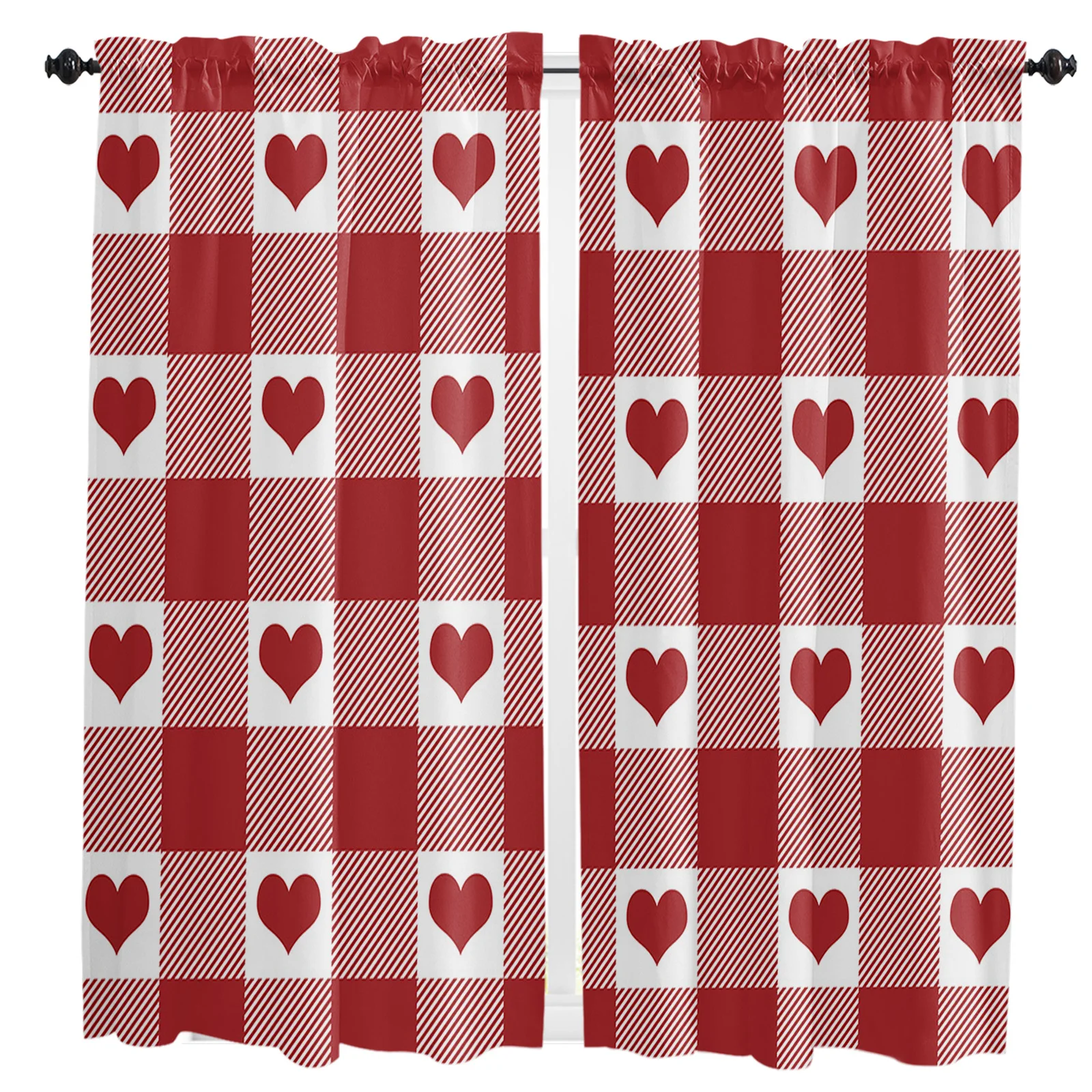 

Red Heart Plaid Love Curtains Home Decor Living Room Kitchen Balcony Room Window Curtain Bedroom Patio Decoration