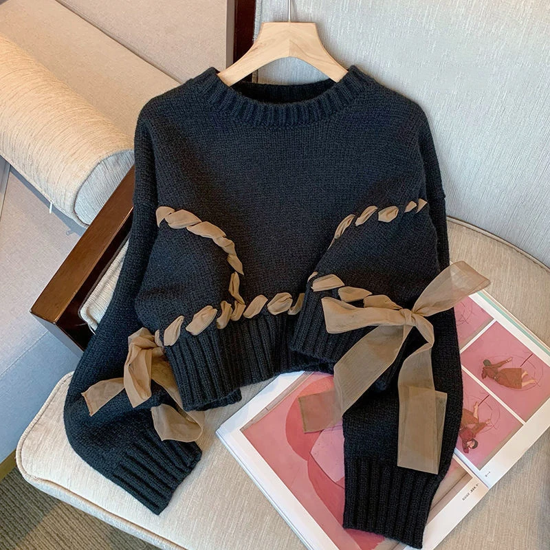 

Новый модный шикарный вязаный свитер с бантом из газовой ткани, Повседневные пуловеры с длинным рукавом и круглым вырезом, короткие женские топы на весну и осень