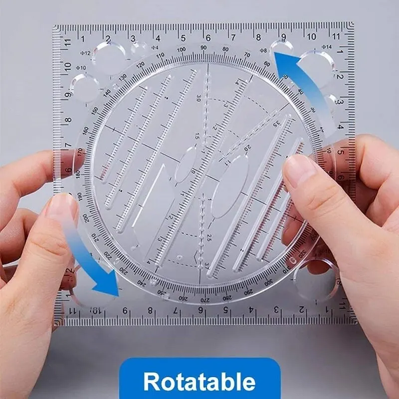 

Multifunction Rotatable Drawing Template Art Design Construction Architect Stereo Geometry Circle Drafting Measuring Scale Ruler