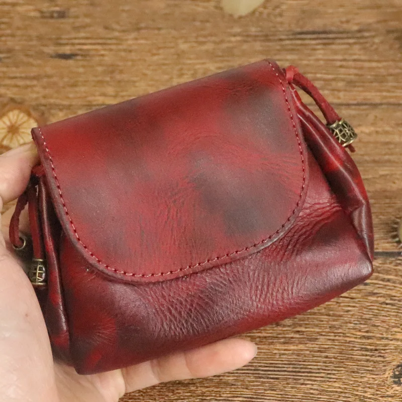 Hand Made Color Plant Tanned Leather Coin Purse Women's Head Layer Cowhide Leather Key Bag Earphone Storage Bag