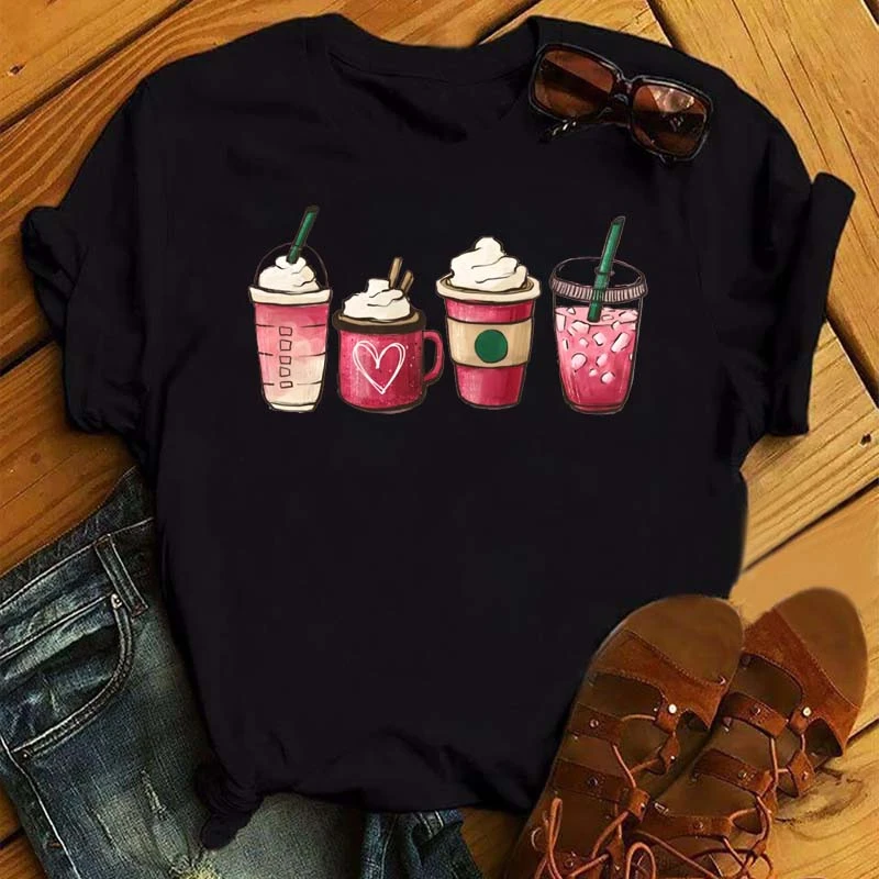 

New Cute Heart Coffee Printed Women Tops Love Fashion Graphic Print Tees Tops Casual Woman Clothes Short Sleeve Female Top 34361