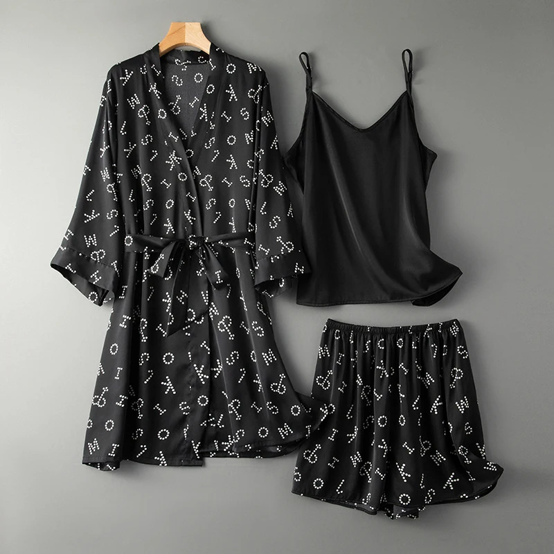 Letter Print Women's Pajama Set 3 Pieces Robe And Shorts Ladies Satin Summer Sleepwear Loose Black Pyjama Suit For Female