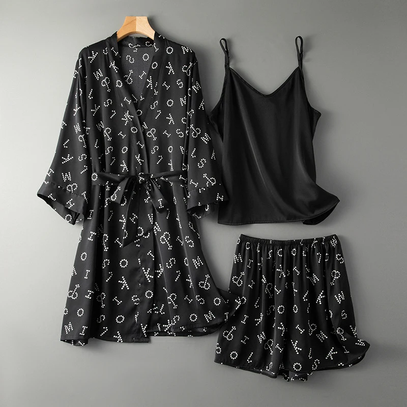 

Letter Print Women's Pajama Set 3 Pieces Robe And Shorts Ladies Satin Summer Sleepwear Loose Black Pyjama Suit For Female