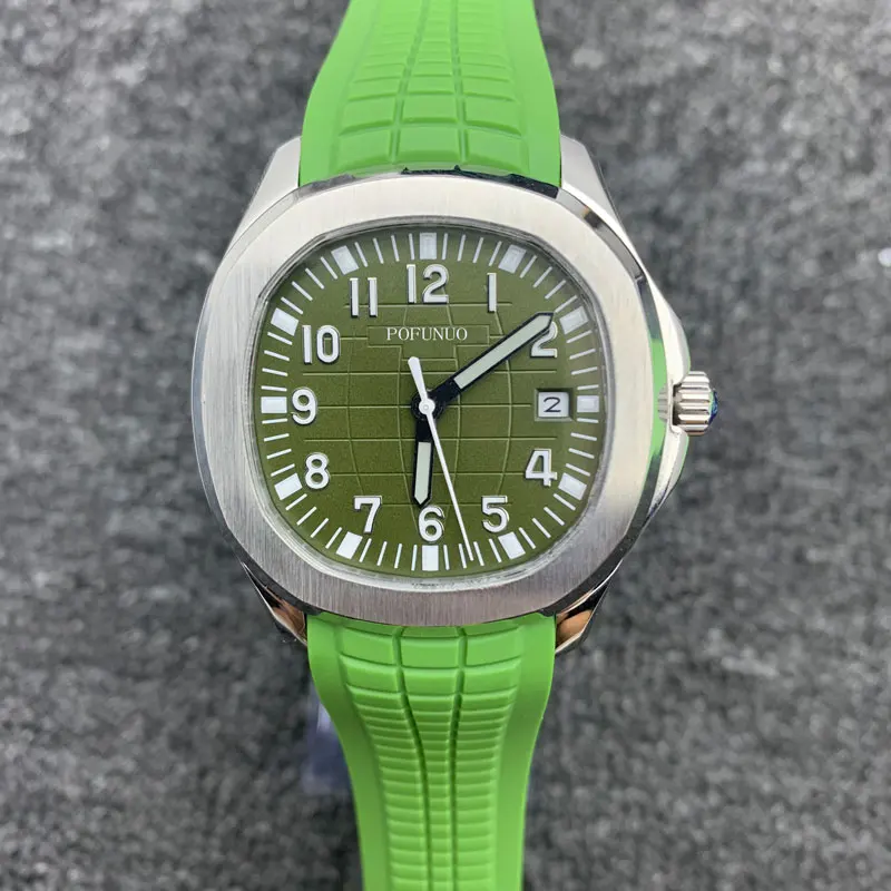 

40mm Men's Mechanical Watch Green Dial Rubber Strap Glass Back Luminous Water Resistant Miyota 8215 Movement