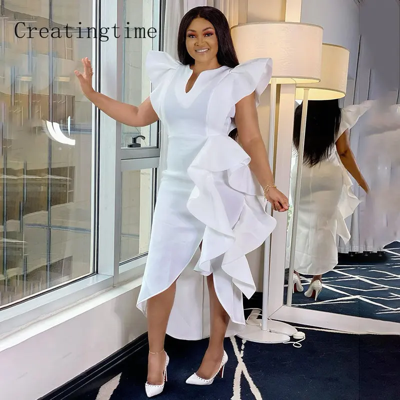 

Irregular V-neck Splicing Ruffle Dress For Women 2023 Summer New Solid High Waist Slim Short Sleeve Fashion Female Dresses 1A841