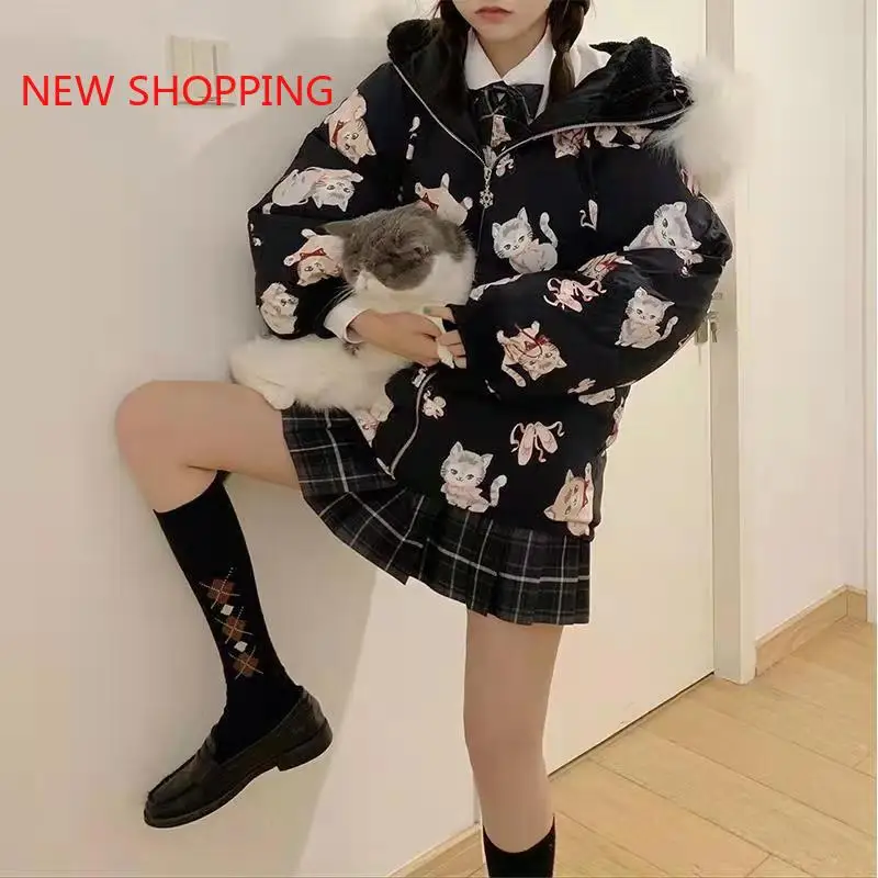 Japanese Sweet Kawaii Cotton Coat Women Winter Plus Velvet Thickening Down Jacket Girl Student Snow Wear Outerwear parkas black