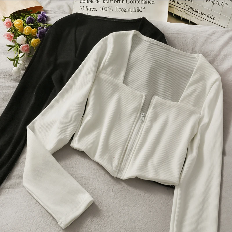 

Women Solid Short Knitted Blouse Square Collar Long Sleeve Hollow Out Korean Chic Autumn Slim Casual Woman Fashion Tops Hot