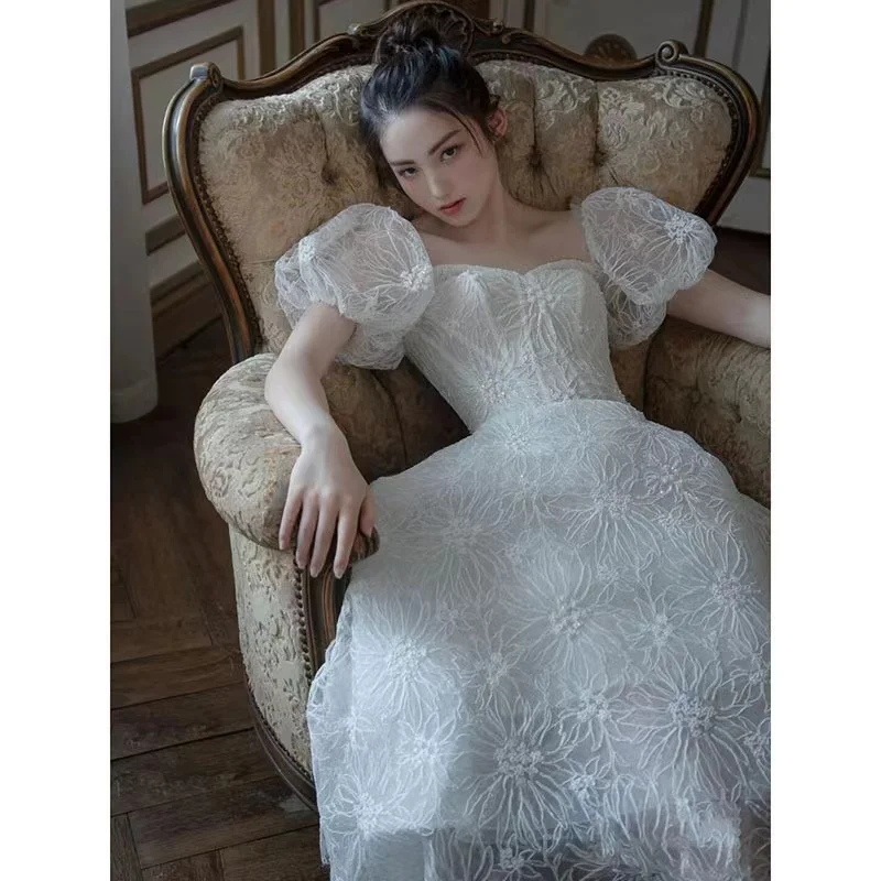 

Женское платье-трапеция с вышивкой, белое элегантное платье принцессы с пышными рукавами и квадратным вырезом для выпускного вечера, весна-лето