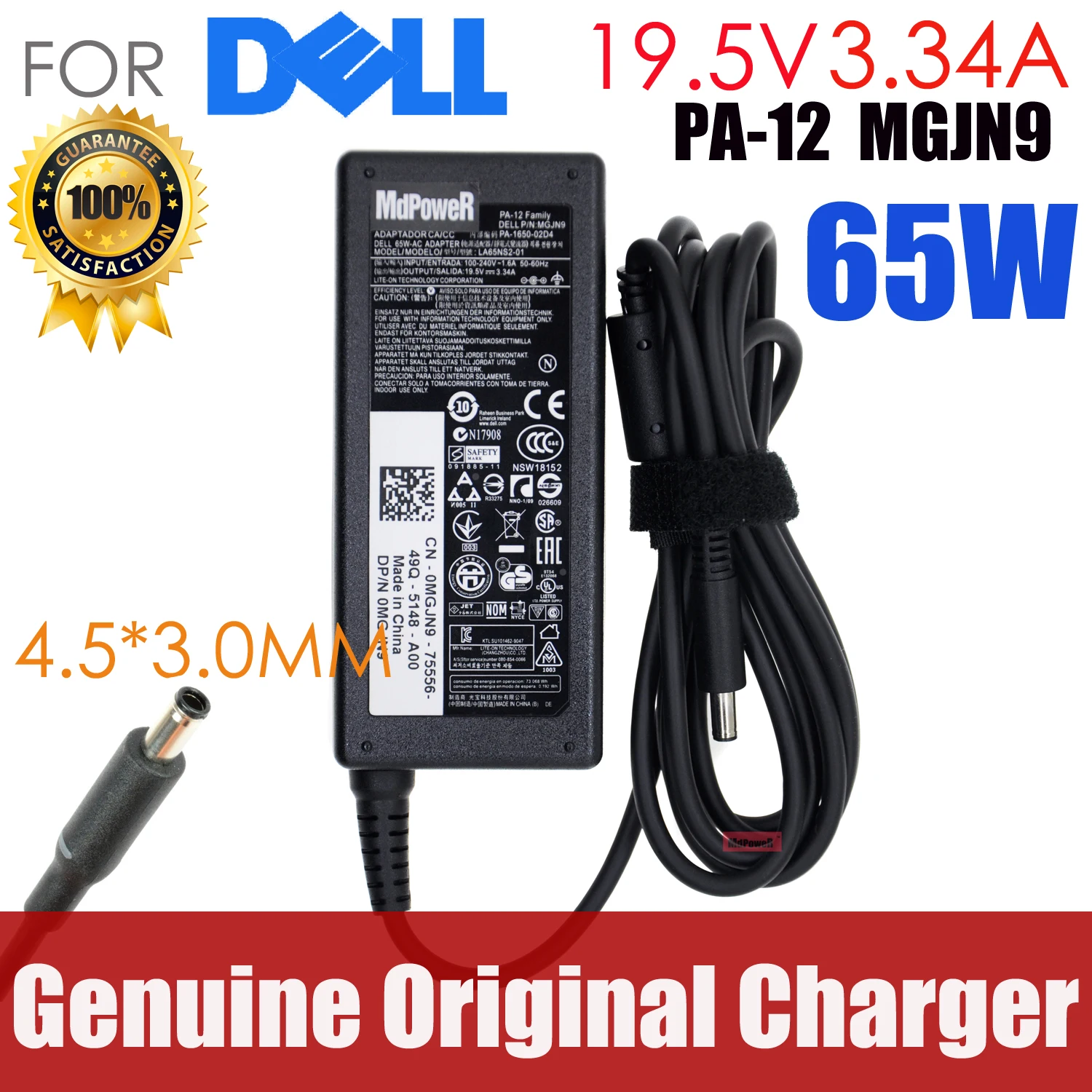 

Original 19.5V 3.34A 65W laptop charger ac adapter for Dell Vostro 15 3561 3562 3565 3568 3572 3578 5568 5370 XPS 13 9333 9344