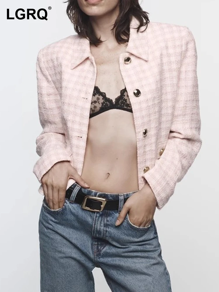 

LGRQ 2023 модные элегантные высококачественные клетчатые короткие куртки с украшением карманов Женский Роскошный Блейзер поло с воротником пальто Новинка 19F3938