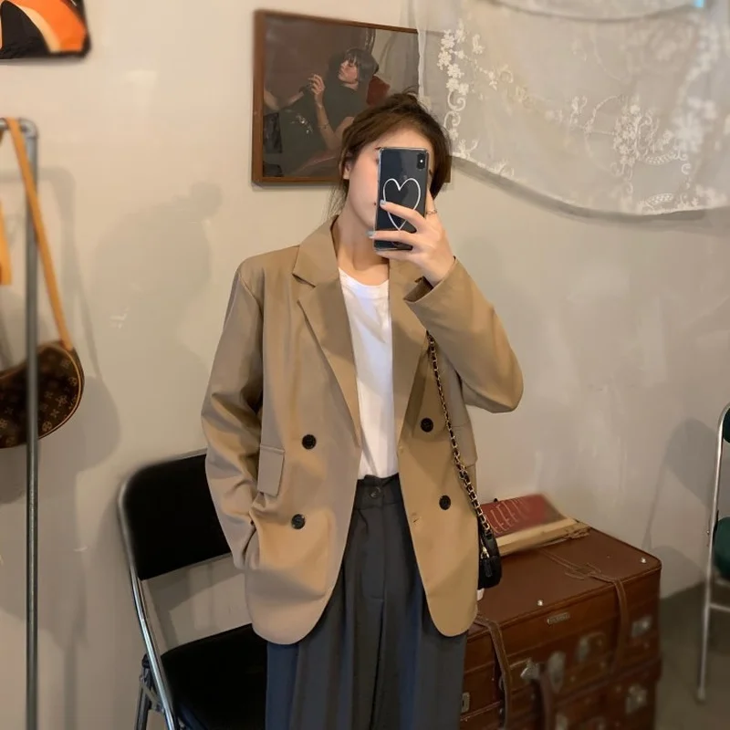 Khaki Blazer Office Lady Lapel Double Breasted Casual Commute Blazers Spring Autumn Thin Loose Suits Elegant Chic Coats Clothing