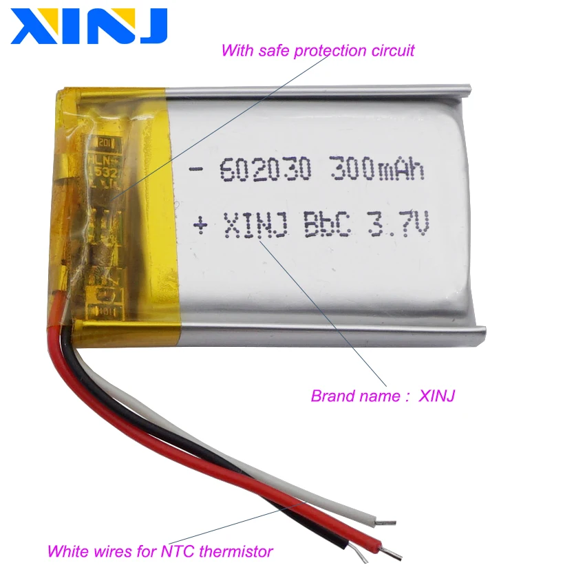 Фото 2 шт., 3,7 В, 300 мАч, 1,11 Втч, полимерная литиевая батарея 602030   Lipo NTC 3-проводной контроллер ремонта GPS Автомобильный видеорегистратор Bluetooth-динамик №3
