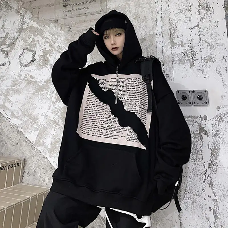 

QWEEK Hooded Sweatshirts Gothic Streetwear Harajuku Pullover Black Hoodie Oversized Bf Style Long Sleeve Cool Dark Thin Fashion