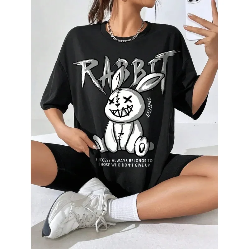 Футболка женская с принтом кролика хлопок модная повседневная мягкая Свободная