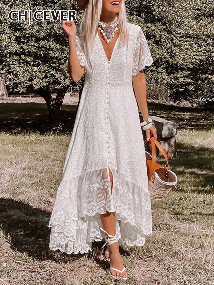 

CHICEVER лоскутное кружевное Цветочное платье для женщин с v-образным вырезом и коротким рукавом с высокой талией свободное однотонное асимметричное платье миди женское Новое