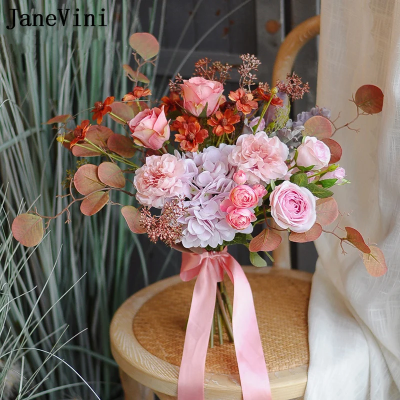 

JaneVini Vintage Pink Artificial Bridal Flowers Wedding Bouquets Fake Hydrangea Rose Bride Hand Bouquet De Fleur Mariage 2022