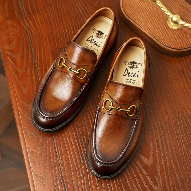 

Мокасины мужские из натуральной кожи, роскошные брендовые деловые официальные туфли, без застежки, с металлическим украшением, летняя кожаная обувь