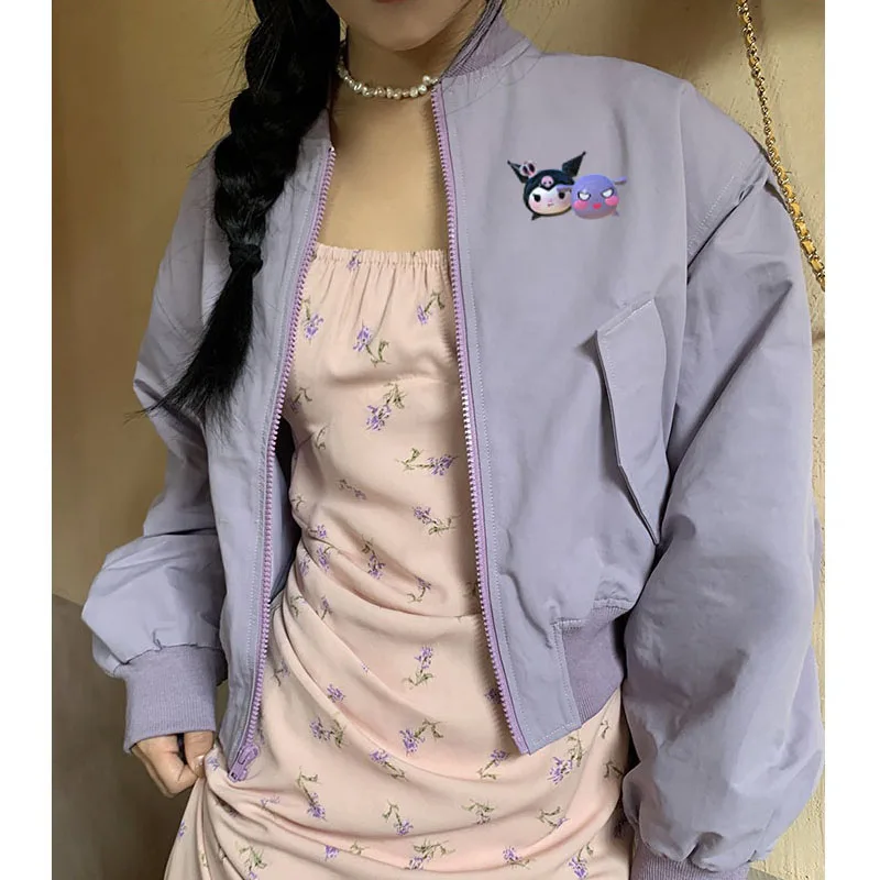 

Мультяшный осенний Sanrio Hellokittyed Kuromi бейсбольная форма милые малыши Повседневная мода молния стоячий воротник укороченная куртка фиолетовый