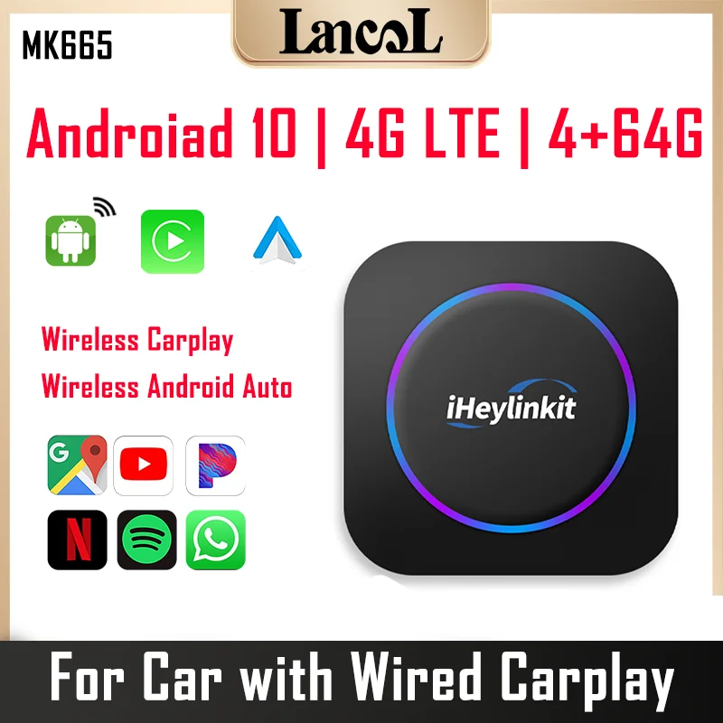 

MK665 CarPlay AI Box Android 10 Беспроводная Carplay Беспроводная Android Auto 4G Wifi Сеть 4 + 64G для автомобилей с оригинальным Carplay