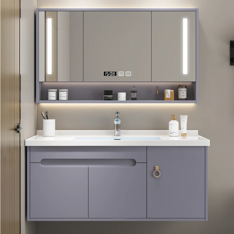 

Customizable Bathroom Washbasin Oak Smart Bathroom Cabinets Combination Ceramic One-piece Basin Mirror Cabinet With Light