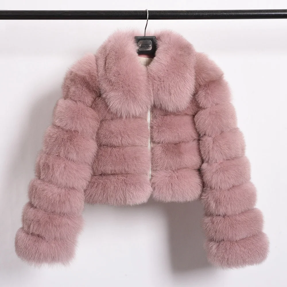 Women's Real Fox Fur Short Jacket Winter Warm Thick Coat Fluffy Full Sleeve Soft Overcoat High Quality Fur Stand Collar Clothing