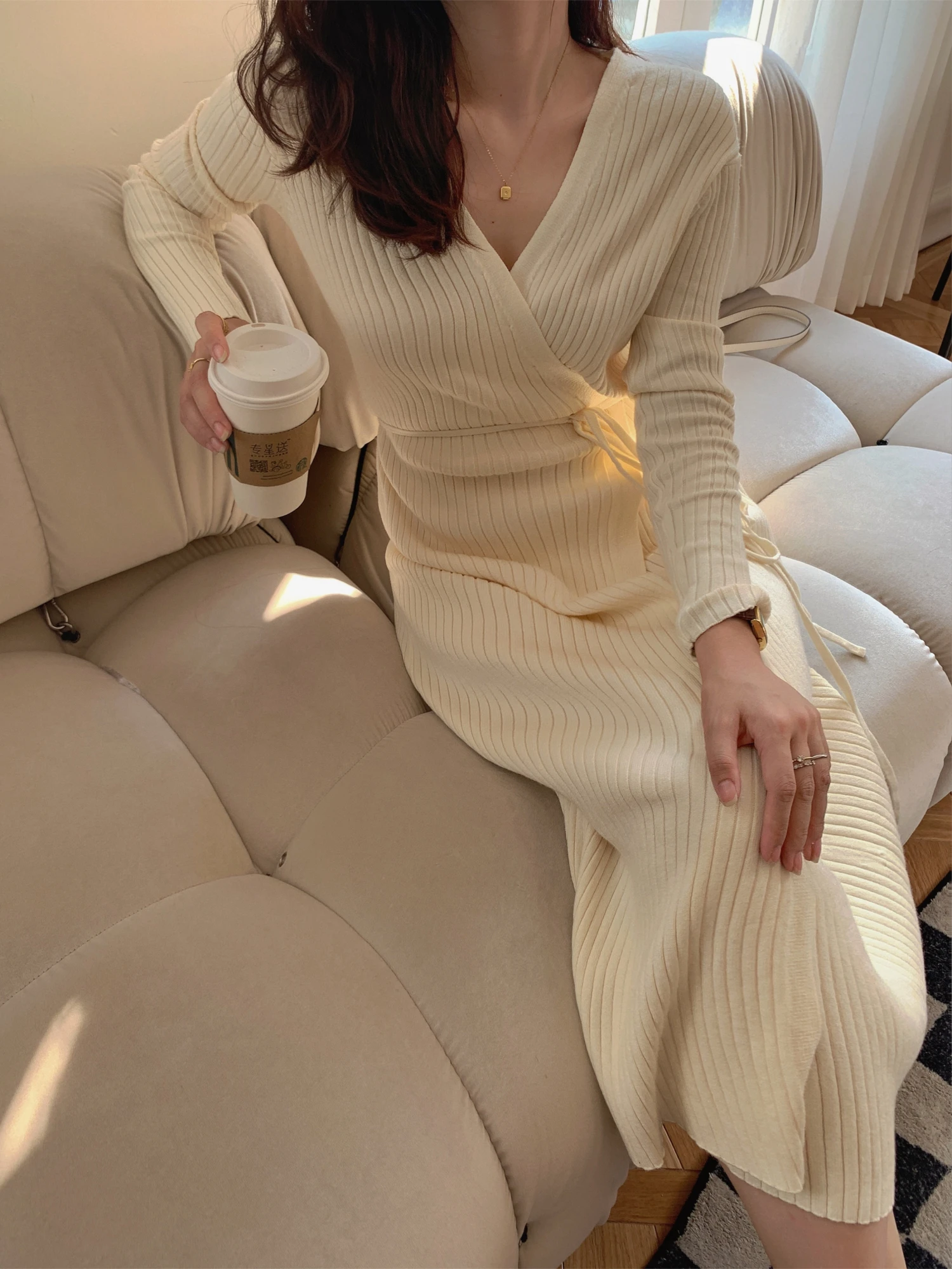 

Apricot Spaghetti Woolen Dress Women V-neck 2022 Autumn Winter Elegant Long Sweater Dresses Female Lace-up Chic Knitwear Fall