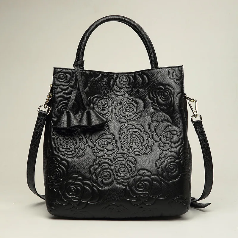 Genuine leather women's bag, flower printing, luxury cow leather, noble women's shoulder bag, messenger bag, handbag