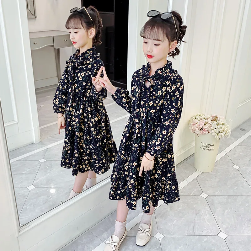 

Spring And Autumn Girls Cotton Dress New Fungus Edge Long Dress Thickened Brushed Fashion Cotton Floral Skirt Long Skirt