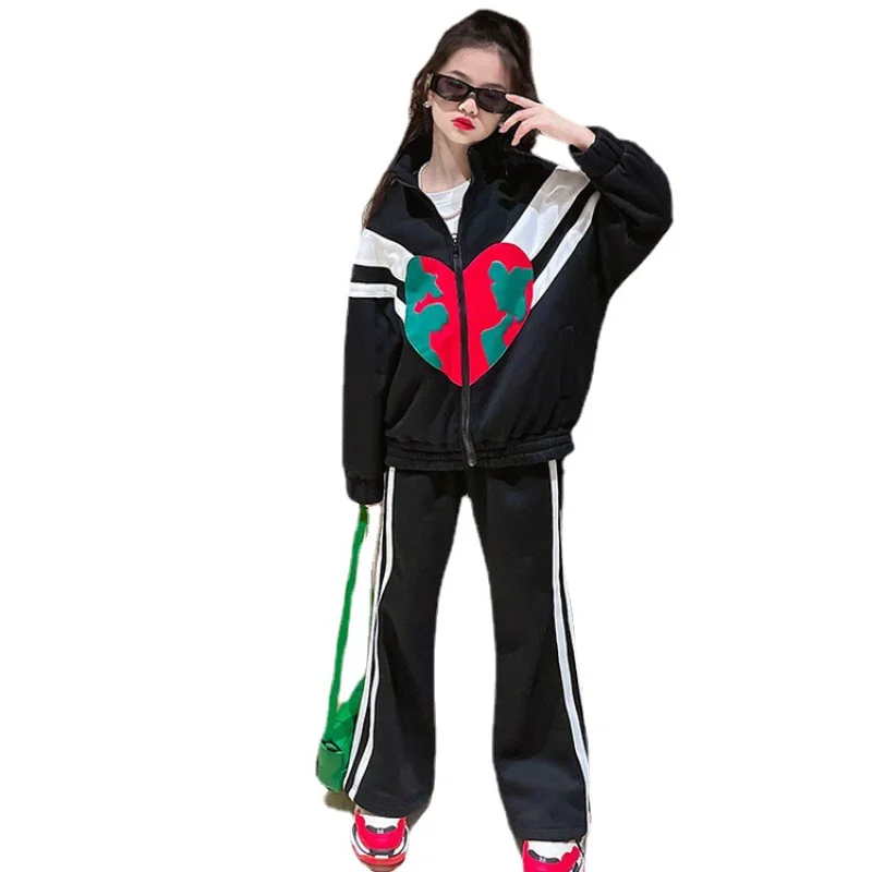 

Костюм для девочек на осень и зиму, плюшевая плотная куртка + широкие брюки, модная повседневная спортивная одежда с принтом в виде сердечек для девочек 4-14 лет, 2 шт.