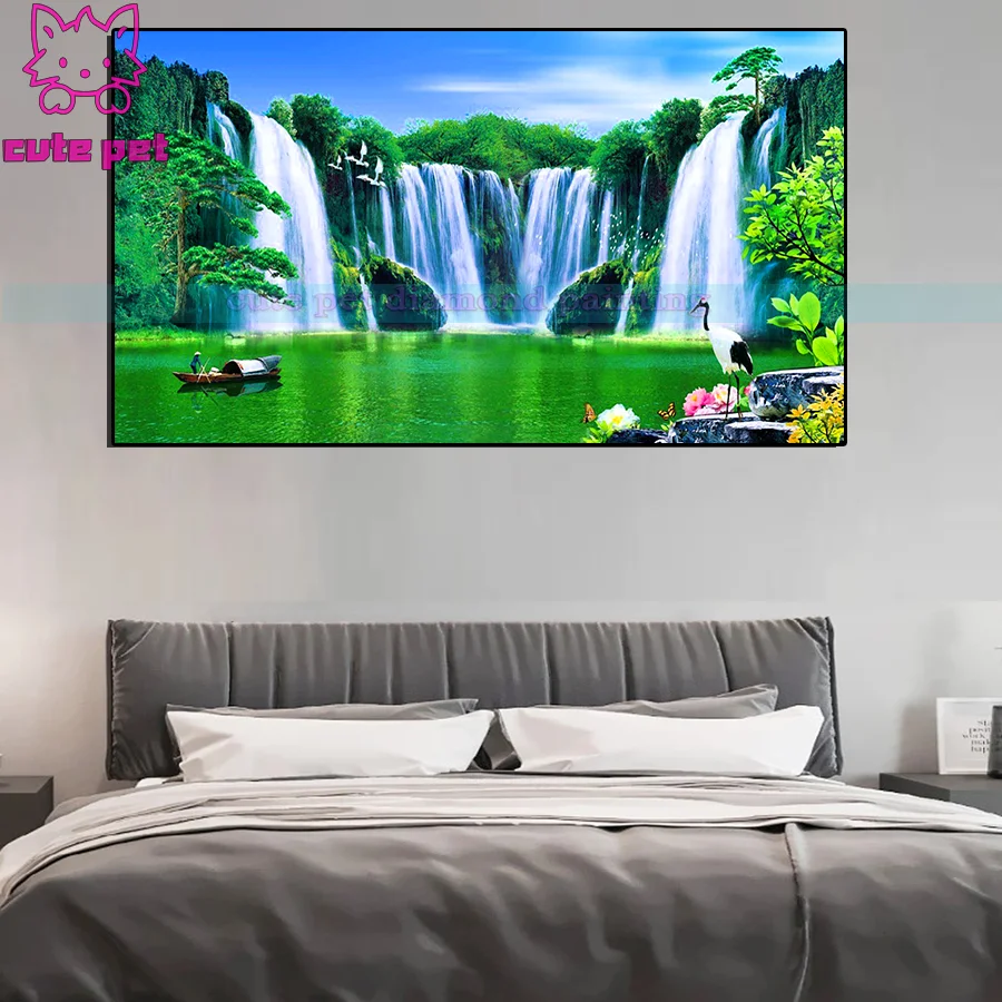 diamond painting Green mountain waterfall river Embroidery cross stitch FULL square round mosaic decor natural scenery