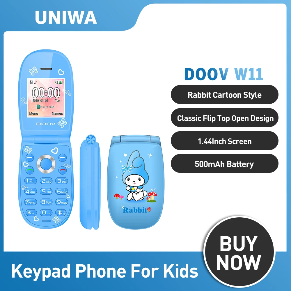 UNIWA DOOV W11 GSM 2G мини флип-телефон 0.08MP задние камеры 1,44 "экран 500mAh четырехдиапазонный мобильный телефон с клавиатурой для детей