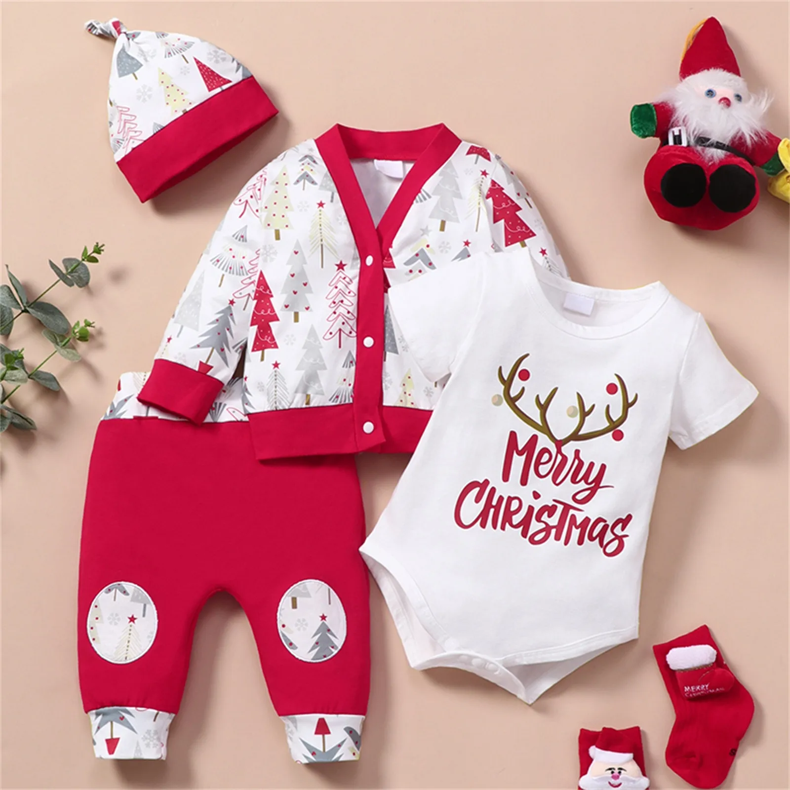 

0-18 Months Newborn Baby Clothes Sets Christmas Outfits Winter Clothing 4 Pcs Sets Romper+Pants+Hat+Outwear Sets Party Costumes