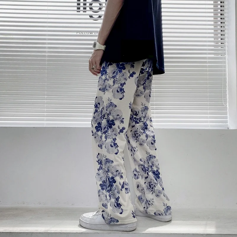 

Spring Summer Flower Pants Men's Fashion Printed Casual Pants Men Streetwear Loose Hip-hop Straight Wide-leg Pants Mens Trousers