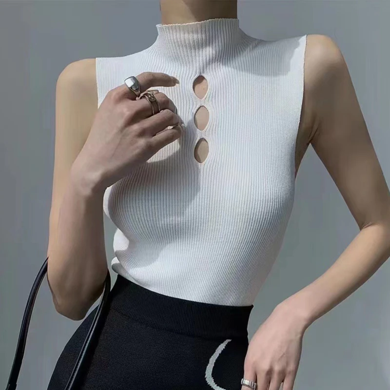 

Женский трикотажный жилет с полувысоким воротником, майки, новинка 2023, корейский облегающий свитер без рукавов с вырезами, повседневный стиль, тонкий трикотажный Топ для женщин