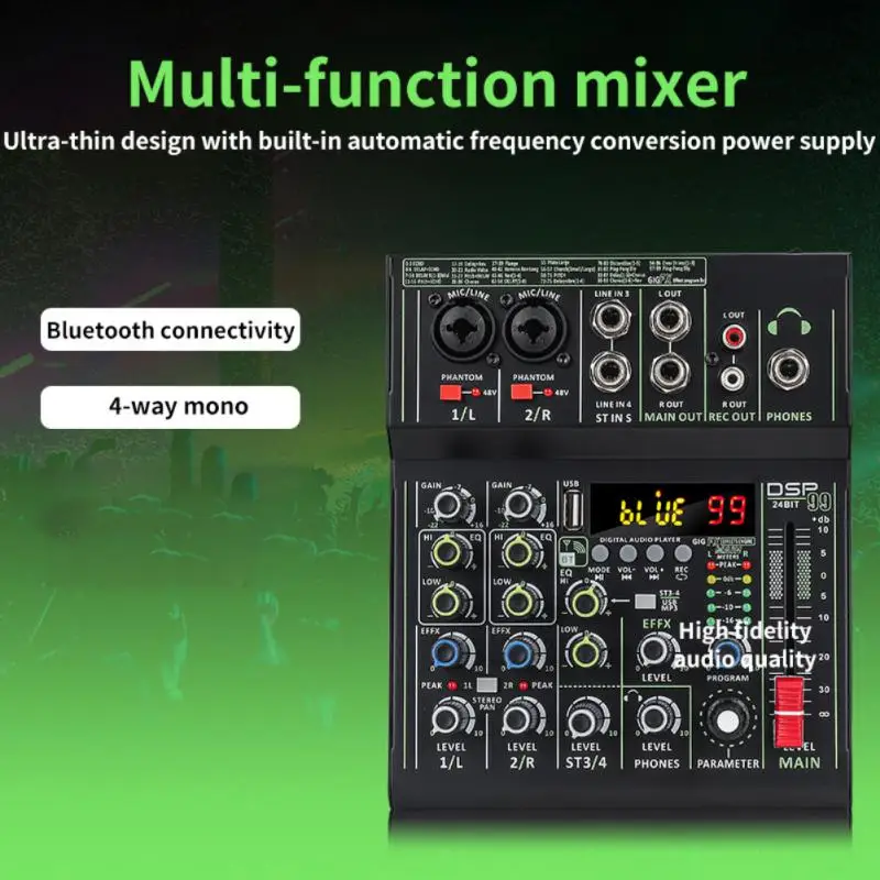 

Mini Usb Playback Hd Display Professional Sound Card Audio Mixer 4-channel Mono Phantom Power 99 Dsp Effects Wireless