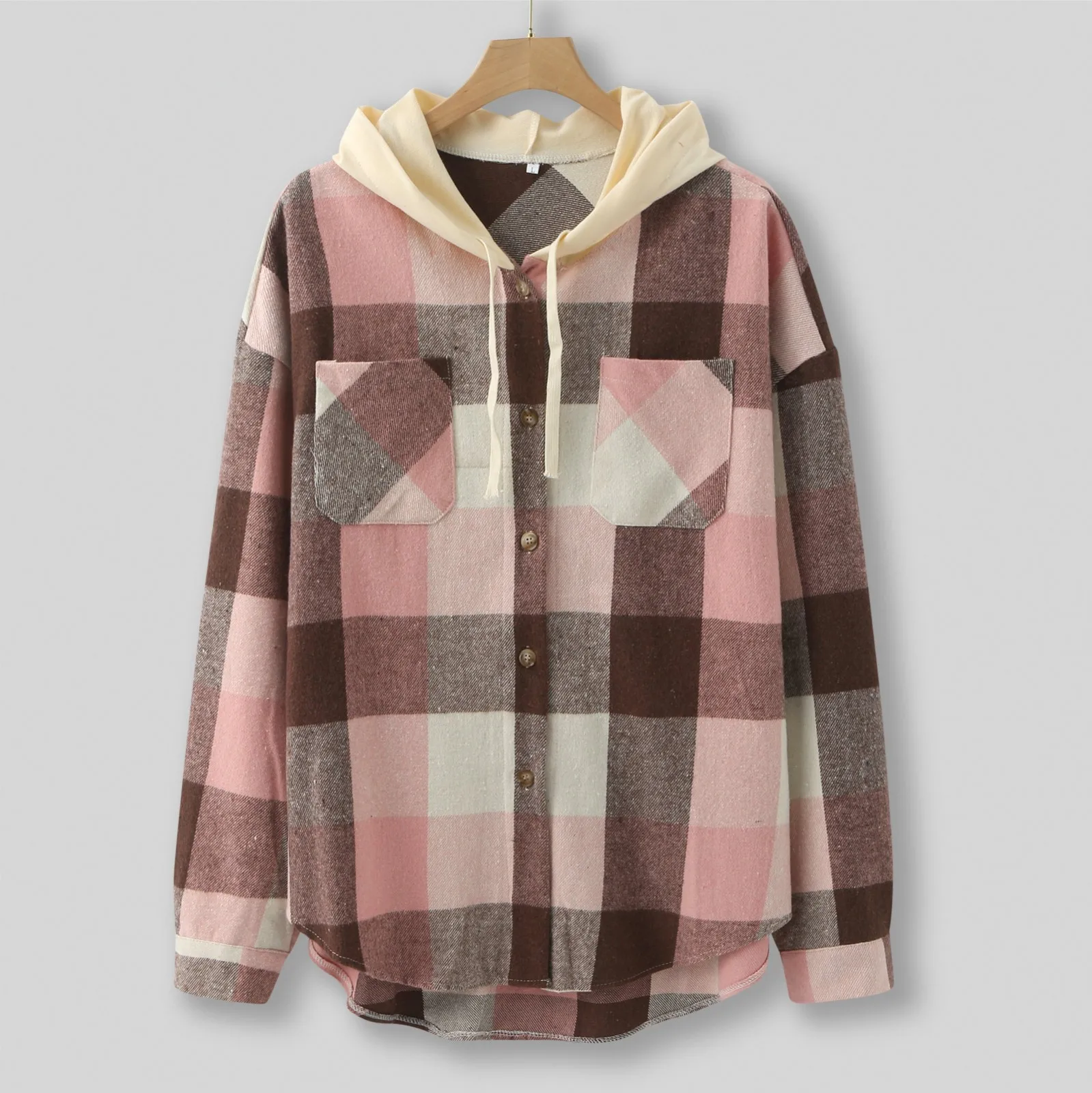 

Women Casual Plaid Print Button Long Sleeve Hooded Sweatshirt Strap Pocket Shirt Coat Extra Long Sleeve