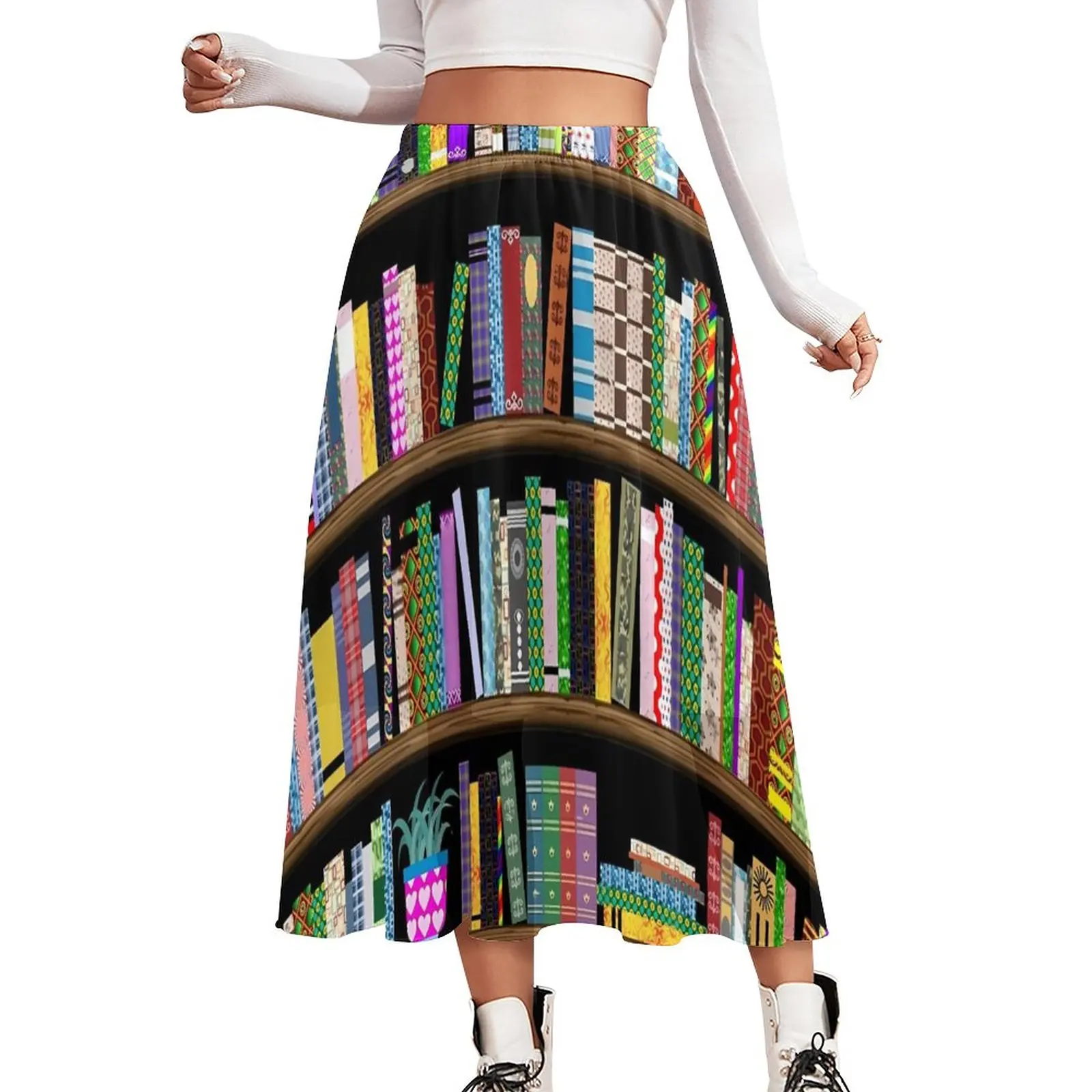

Юбка с рисунком библиотеки на полках, Симпатичные юбки в стиле бохо, летняя уличная одежда, шифоновая дизайнерская повседневная юбка большого размера с высокой талией