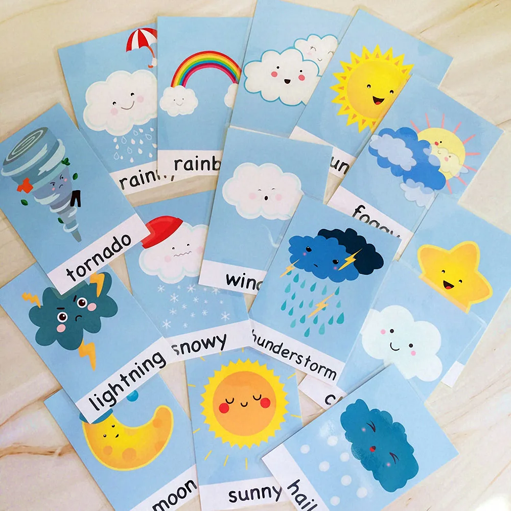 

15Pcs Weather Flash Cards Waterproof Montessori English Words Pocket Cards Kids Learning Educational Toys Children Teaching Aid