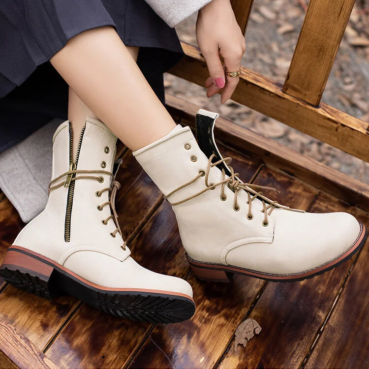 2023 New Retro Martin Boots Low Heels Women Round Toe Ankle Boots Fashion Side Zip Lace Up Short Knight Boot Female Shoes