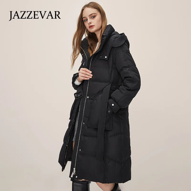 JAZZEVAR 2022 Winter New Style Thickening Waist Fashion Design Long European Down Jacket Female 90 White Duck Down