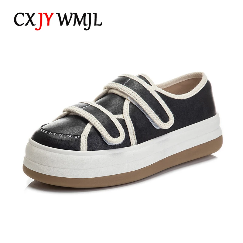 

CXJYWMJL Genuine Leather Women Platform Sneakers Spring Thick Sole Hook & Loop Casual Vulcanized Shoes Ladies Little White Shoes