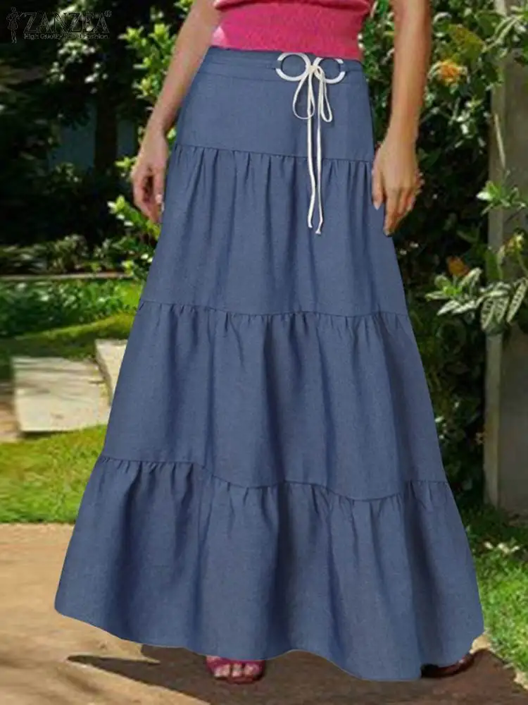 

High Waist Ruffles Maxi Long Skirt Autumn Vintage Party Denim Blue Skirts ZANZEA Fashion Women Summer Faldas Saia Jupe Robe